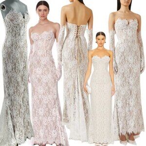 🆕 BRONX & BANCO 🧿 NWOT Kiera White Lace Bridal Gown with Gloves - Sz L US 8